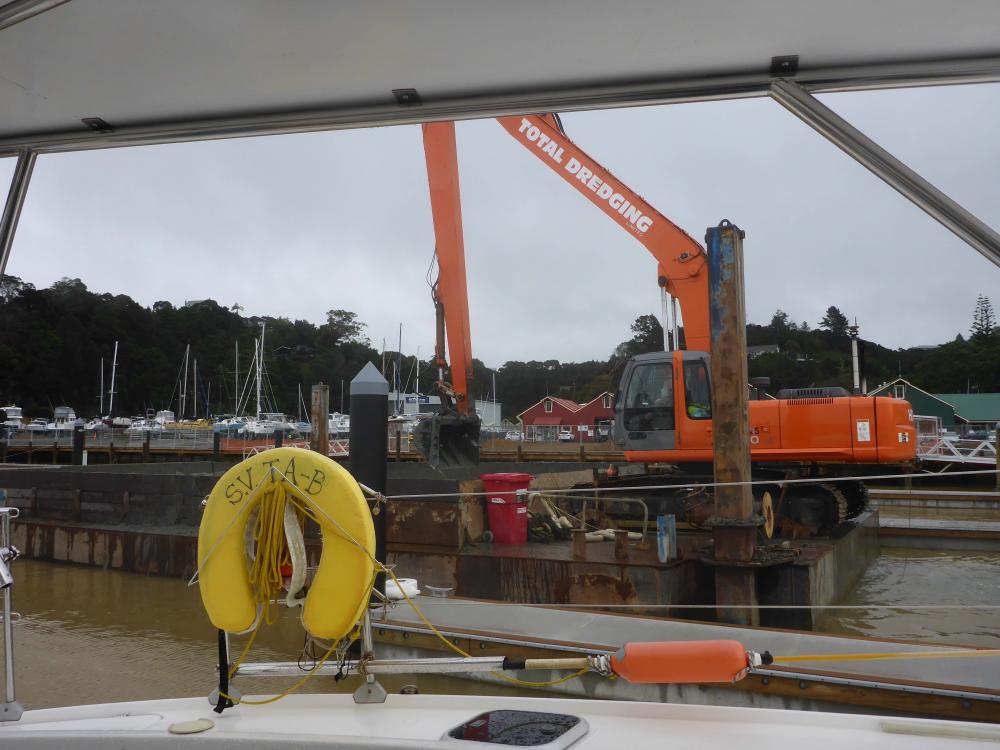 Dredger next to Ta-b: The work being done in Opua marina was not great to live with